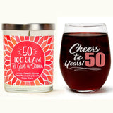 "Cheers to 50 Years!" Wine Glass and "50 Too Glam To Give A Damn" Citrus Peach Candle Gift Set