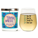 "Bra Off, Hair Up, Sweats On, Wine Gone" Wine Glass and "Vaycay Mode" Bamboo Forest Candle Gift Set