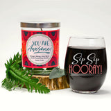 "Sip Sip Hooray!" Wine Glass and "You Are Awesome" Orange Zest Candle Gift Set