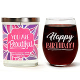 "Happy Birthday!" Wine Glass and "You Are Beautiful" Lavender and Lemongrass Candle Gift Set