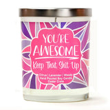 "Happy Birthday!" Wine Glass and "You're Awesome, Keep That Shit Up" Lavender and Lemongrass Candle Gift Set